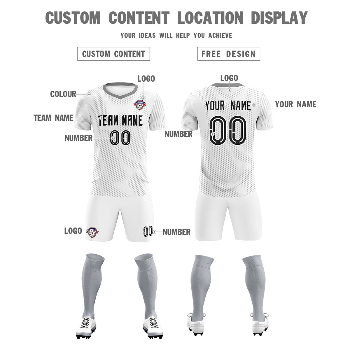 Custom White Gray Training Uniform For Men Soccer Sets Jersey