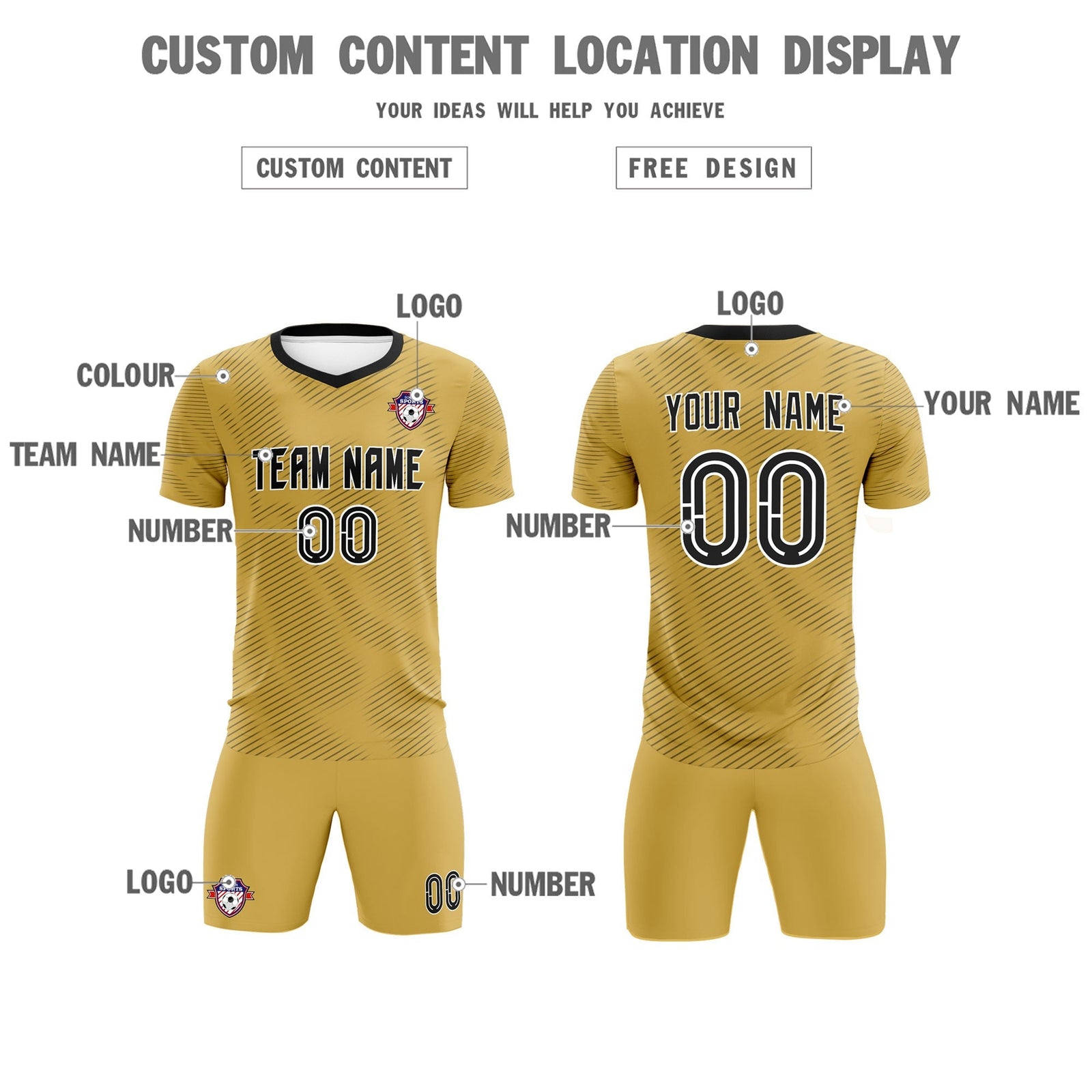 Custom Old Gold Black Training Uniform For Men Soccer Sets Jersey