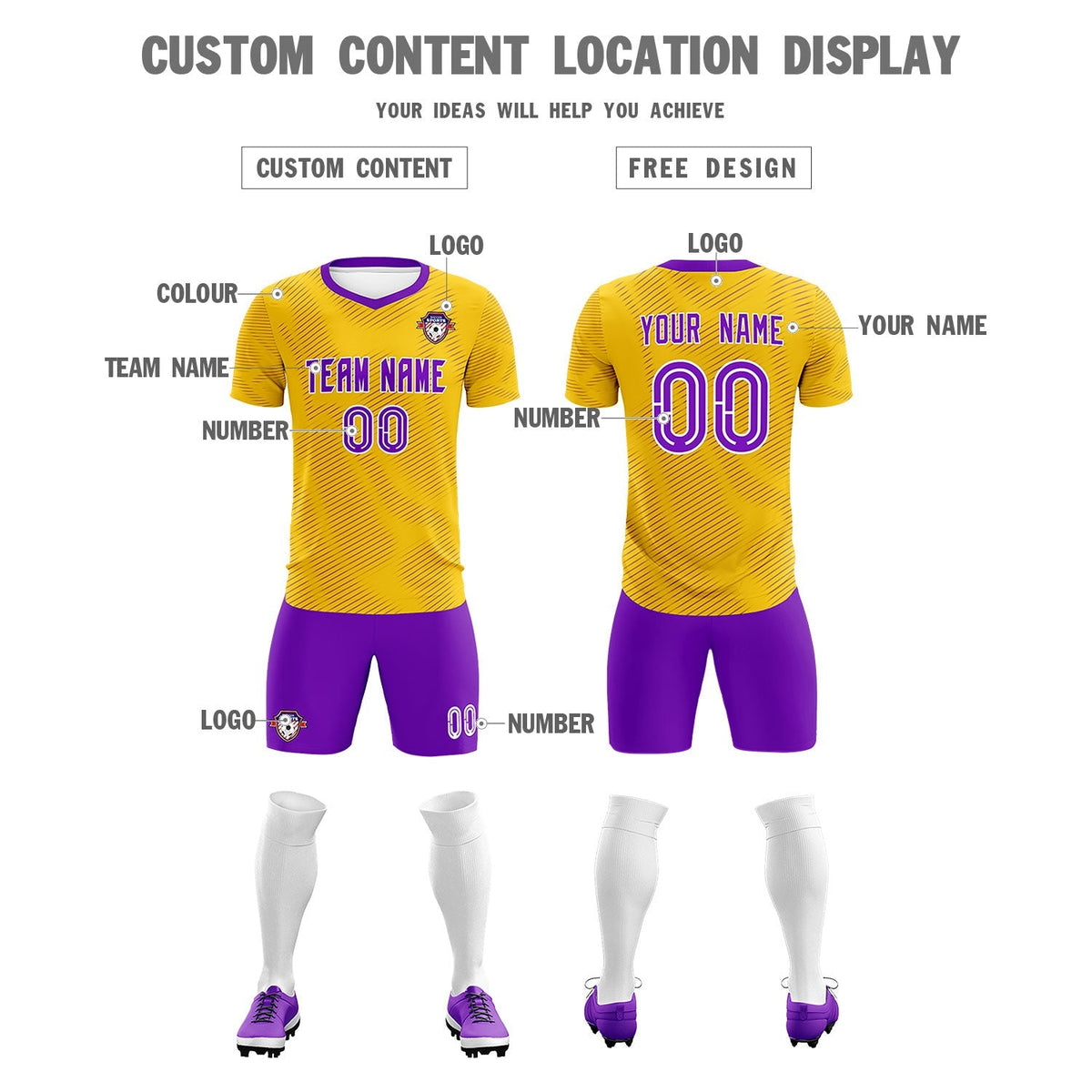 Custom Gold Purple Training Uniform For Men Soccer Sets Jersey
