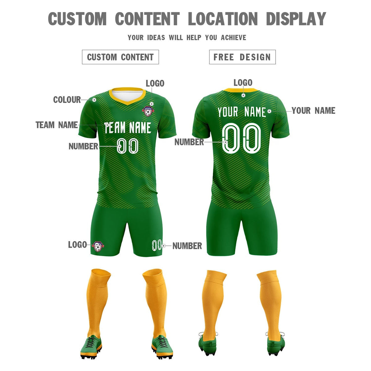 Custom Kelly Green Yellow Training Uniform For Men Soccer Sets Jersey