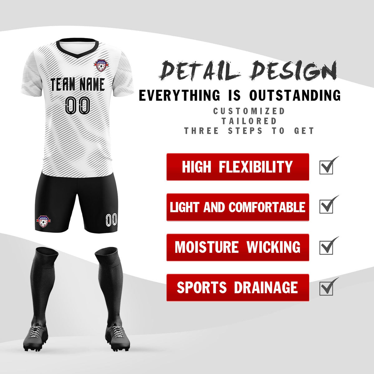 Custom White Black Training Uniform For Men Soccer Sets Jersey