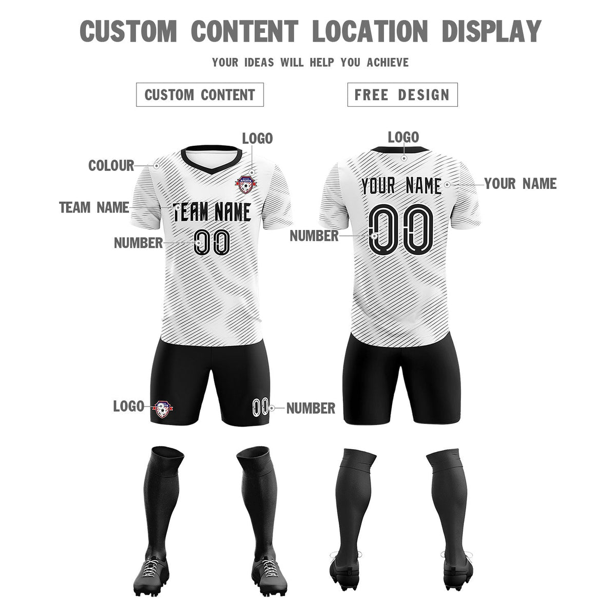 Custom White Black Training Uniform For Men Soccer Sets Jersey