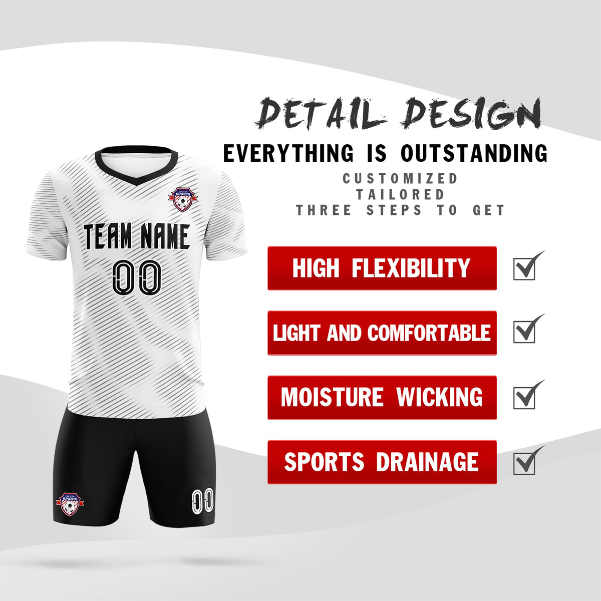 Custom White Black Training Uniform For Men Soccer Sets Jersey