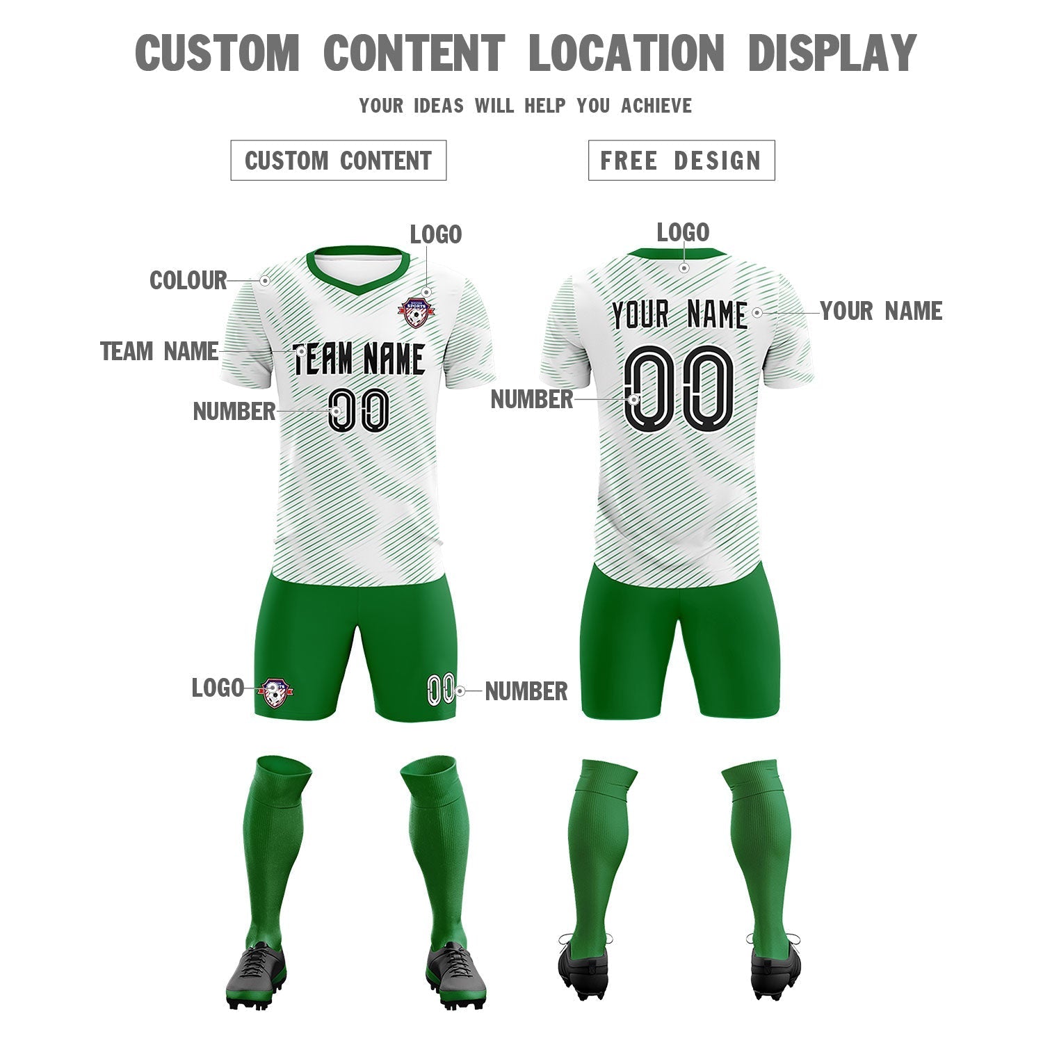 Custom White Kelly Green Training Uniform For Men Soccer Sets Jersey