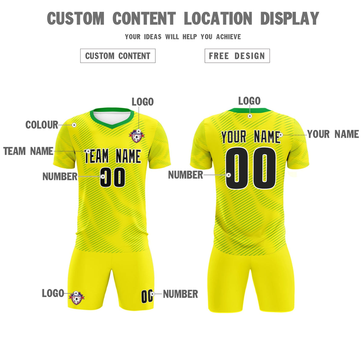 Custom Gold Kelly Green Training Uniform For Men Soccer Sets Jersey