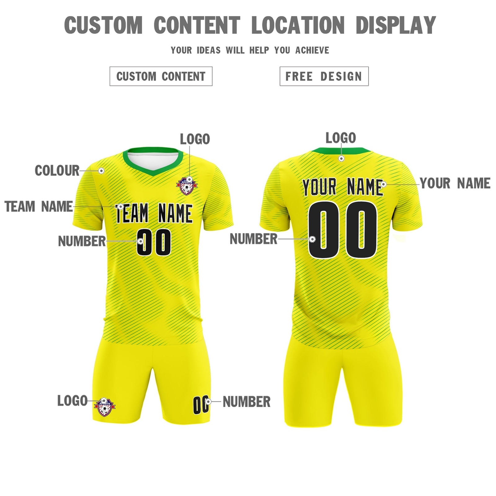 Custom Gold Kelly Green Training Uniform For Men Soccer Sets Jersey