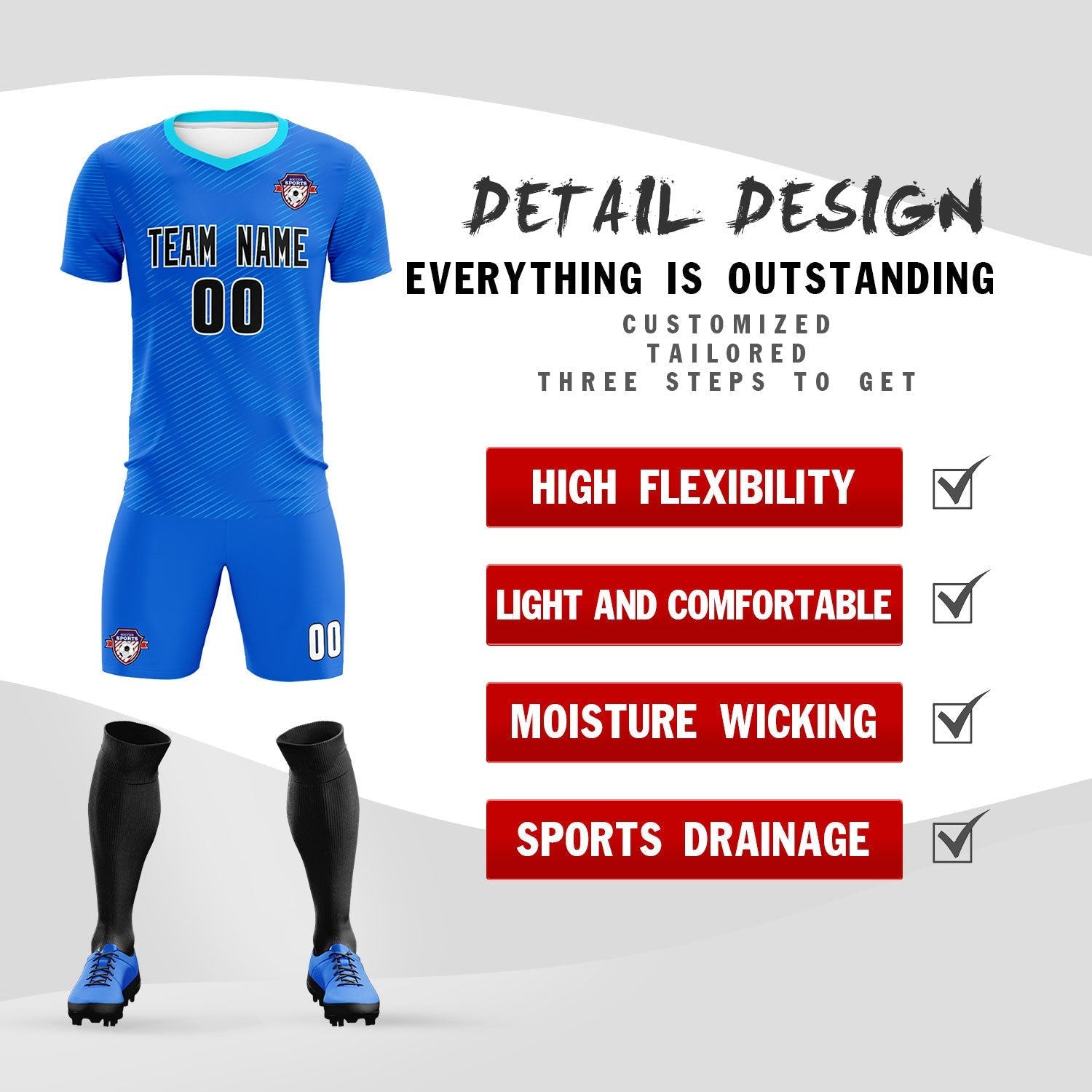 Custom Royal Powder Blue Training Uniform For Men Soccer Sets Jersey
