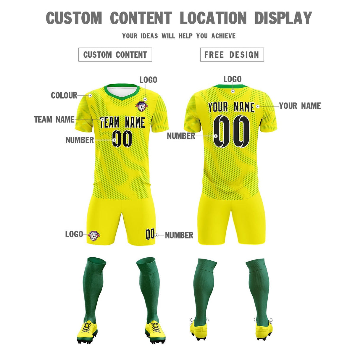 Custom Gold Kelly Green Training Uniform For Men Soccer Sets Jersey