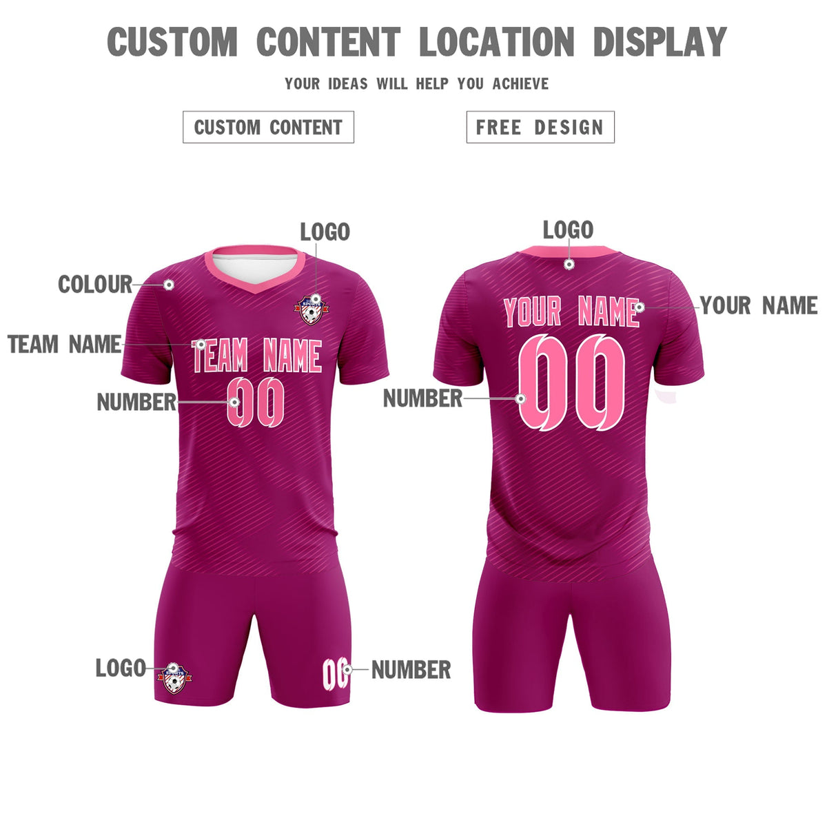 Custom Rose Red Pink Training Uniform For Men Soccer Sets Jersey