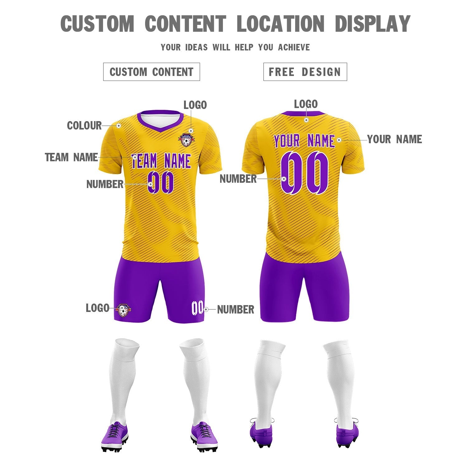 Custom Gold Purple Training Uniform For Men Soccer Sets Jersey