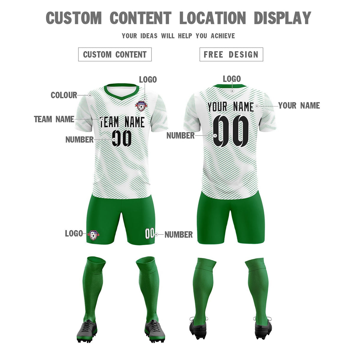 Custom White Kelly Green Training Uniform For Men Soccer Sets Jersey