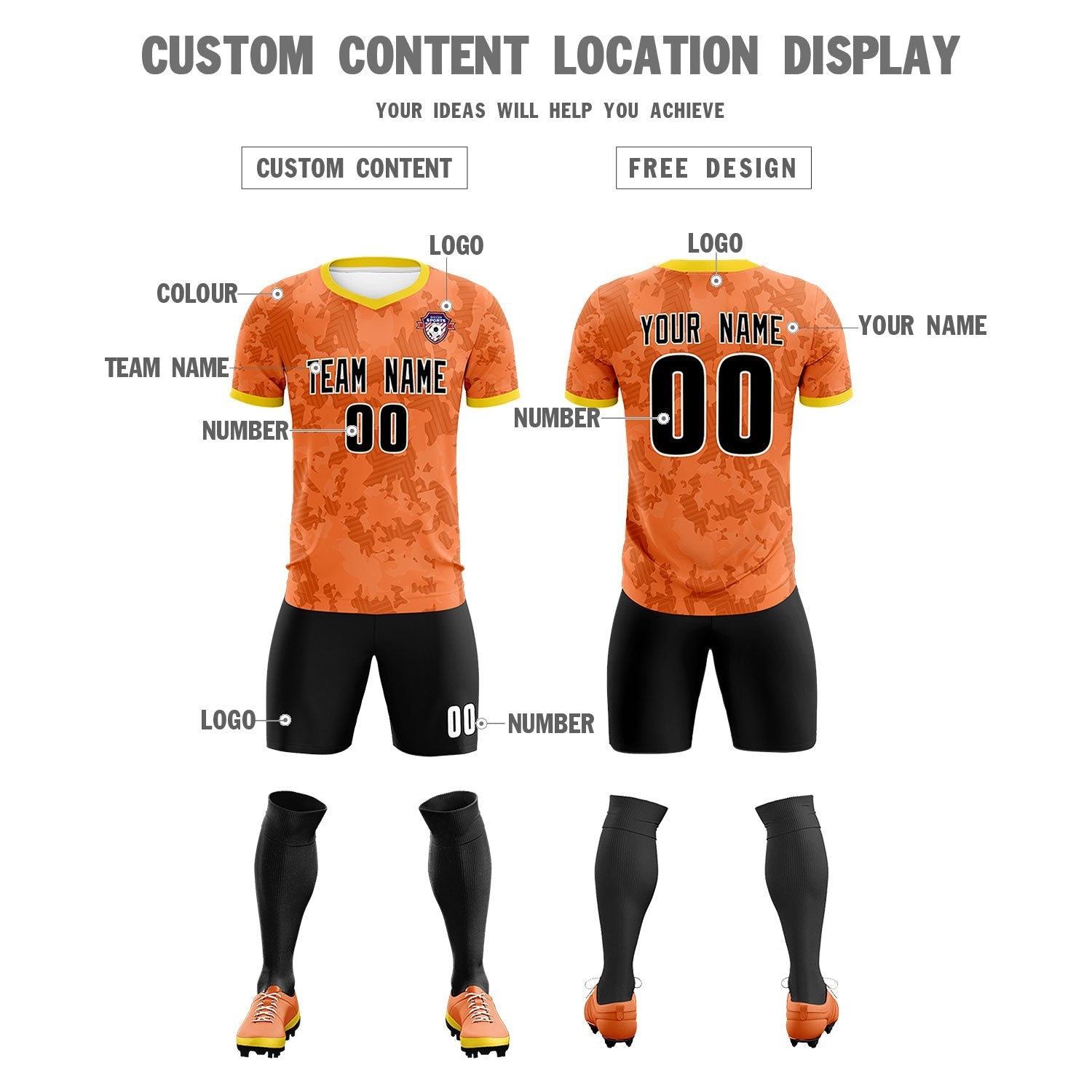 Custom Orange Camo sports Soccer Tops/Sets Jersey