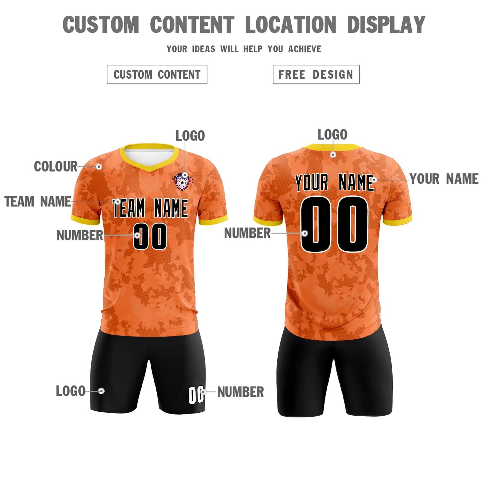 Custom Orange Camo sports Soccer Tops/Sets Jersey