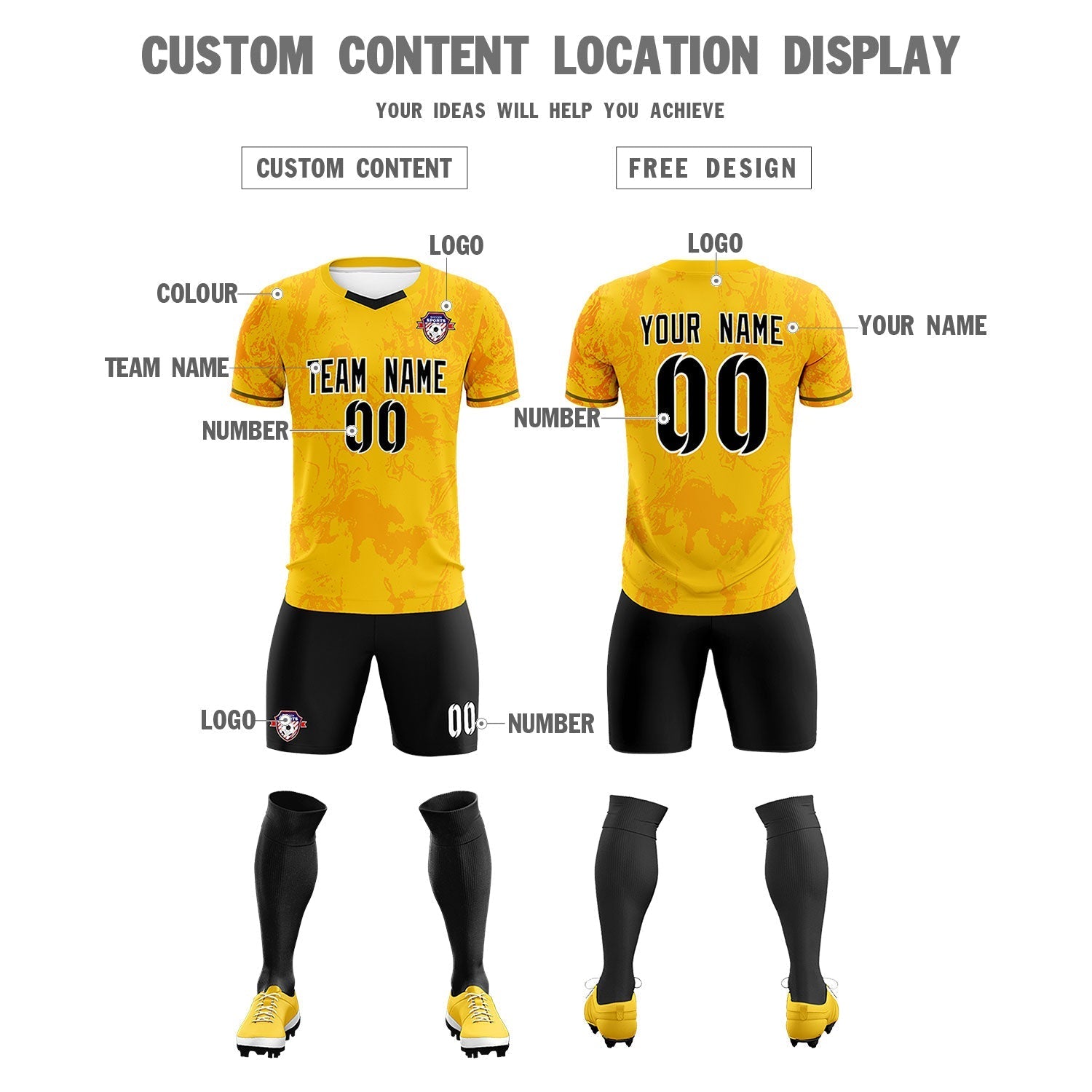 Custom Gold Classic Graffiti Pattern Sportswear Soccer Tops/Sets Jersey