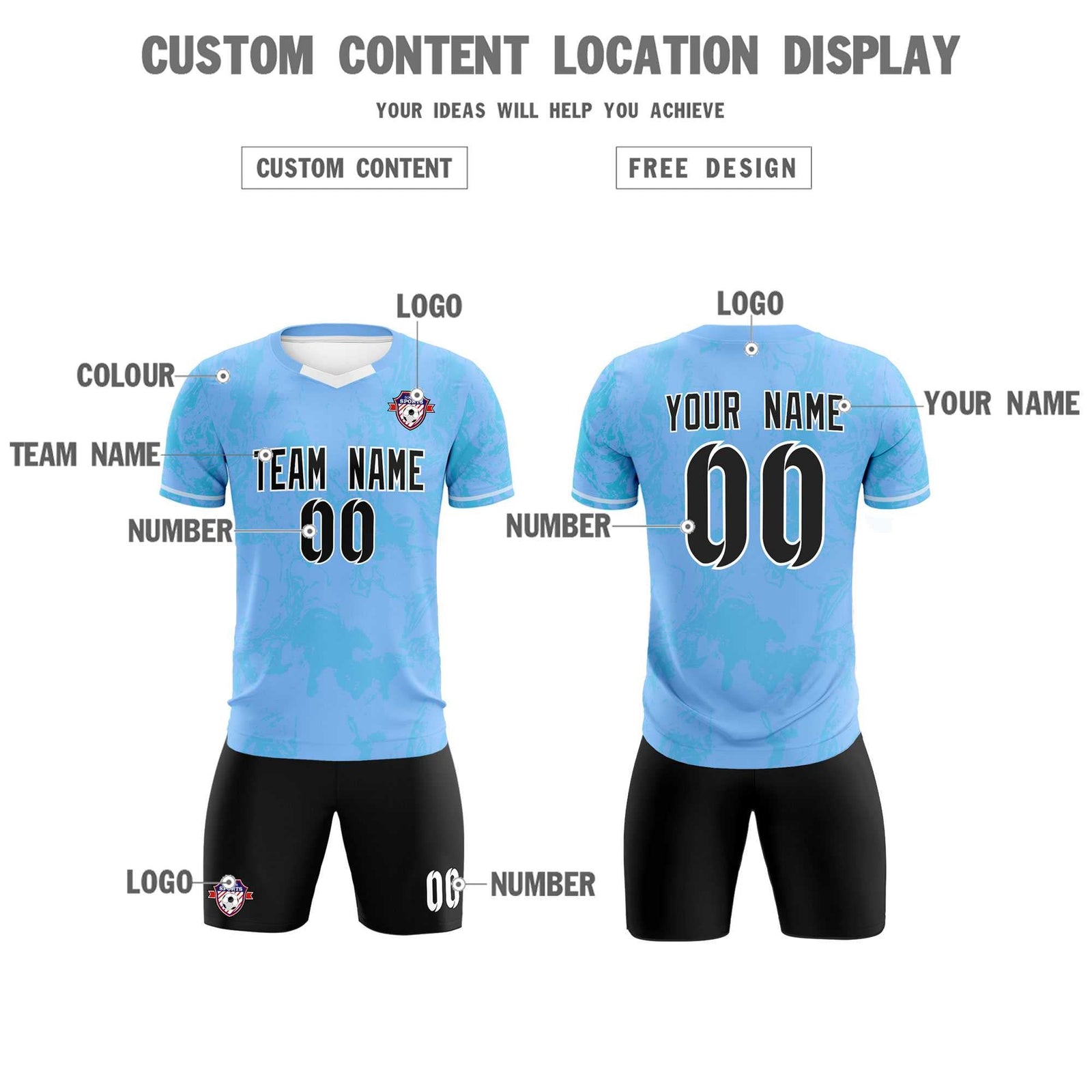 Custom Light Blue Classic Graffiti Pattern Sportswear Soccer Tops/Sets Jersey