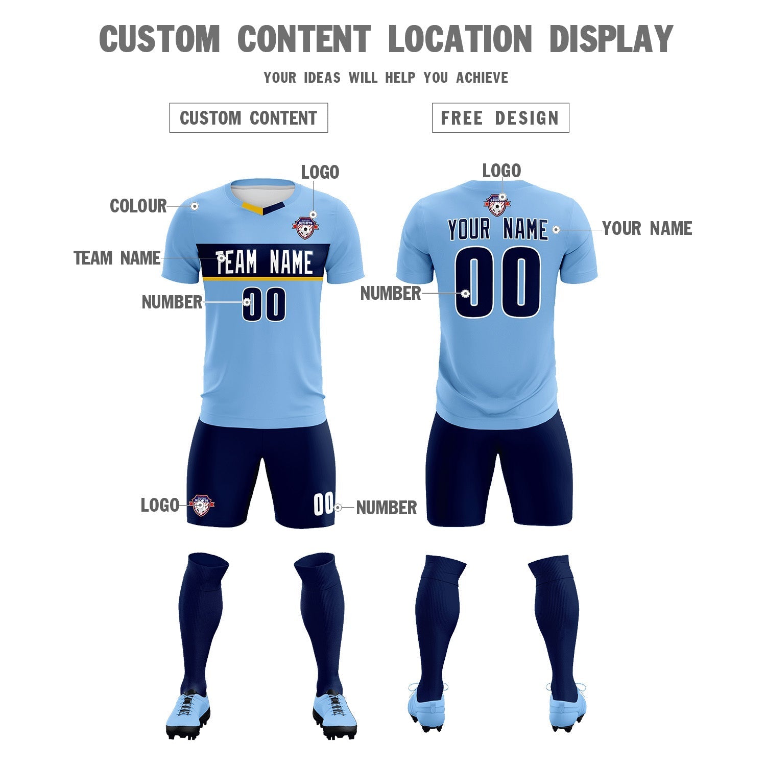 Custom Light Blue Classic Sports Sets Soccer Shirt Jersey