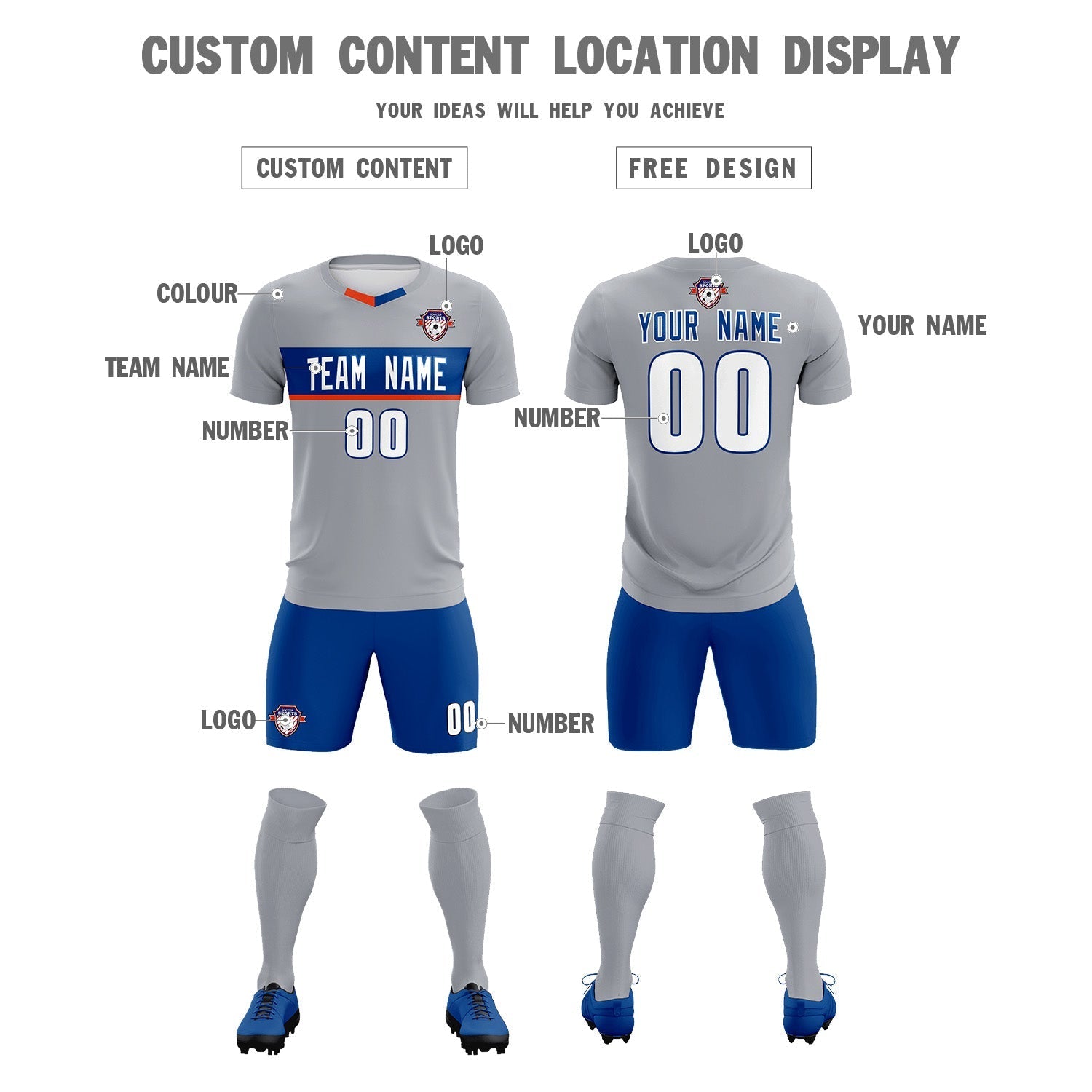 Custom Gray Classic Sports Sets Soccer Shirt Jersey