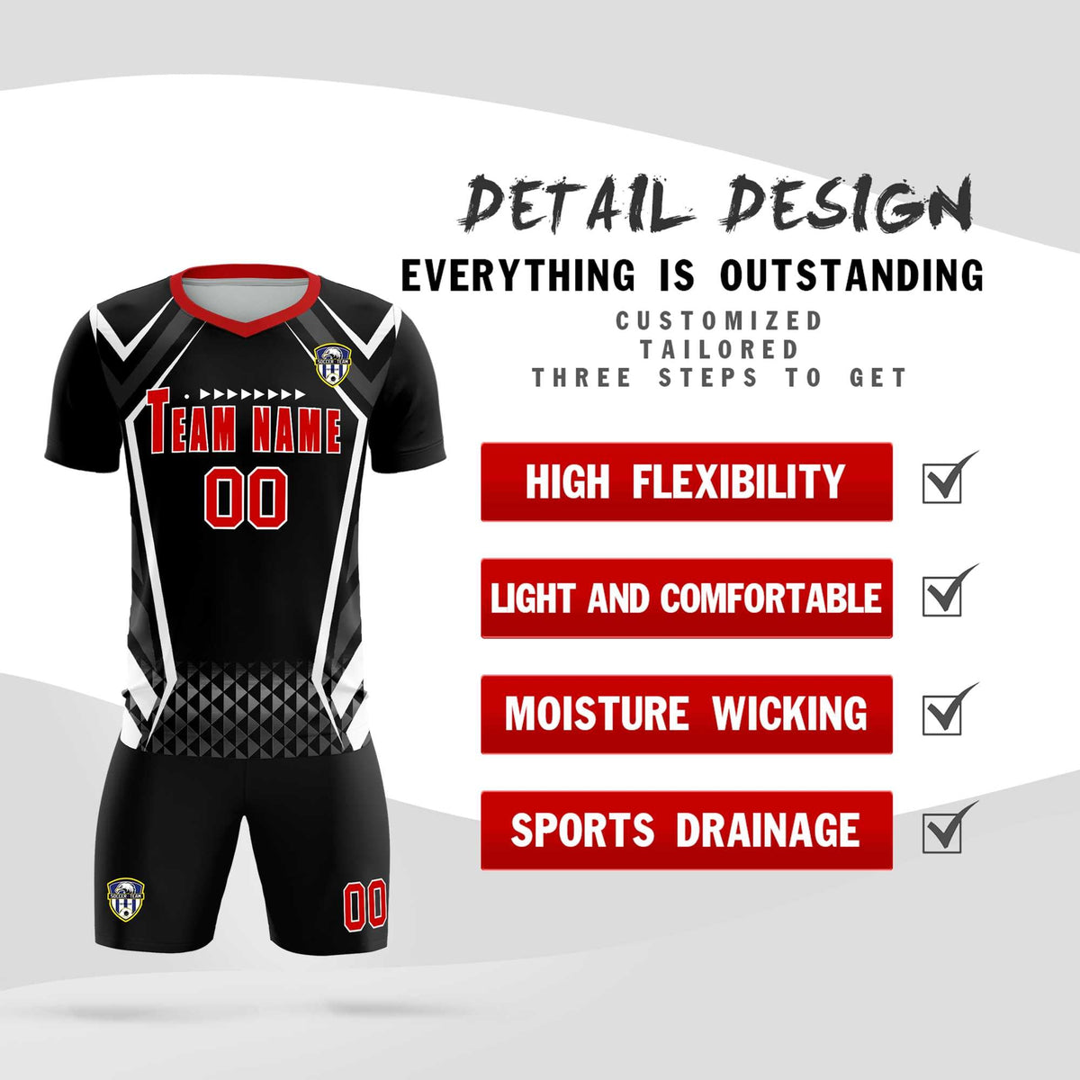 Custom Black Abstract Breathable Soccer Tops/Sets Jersey