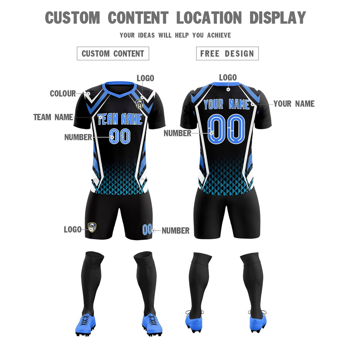 Custom Black Abstract Breathable Soccer Tops/Sets Jersey