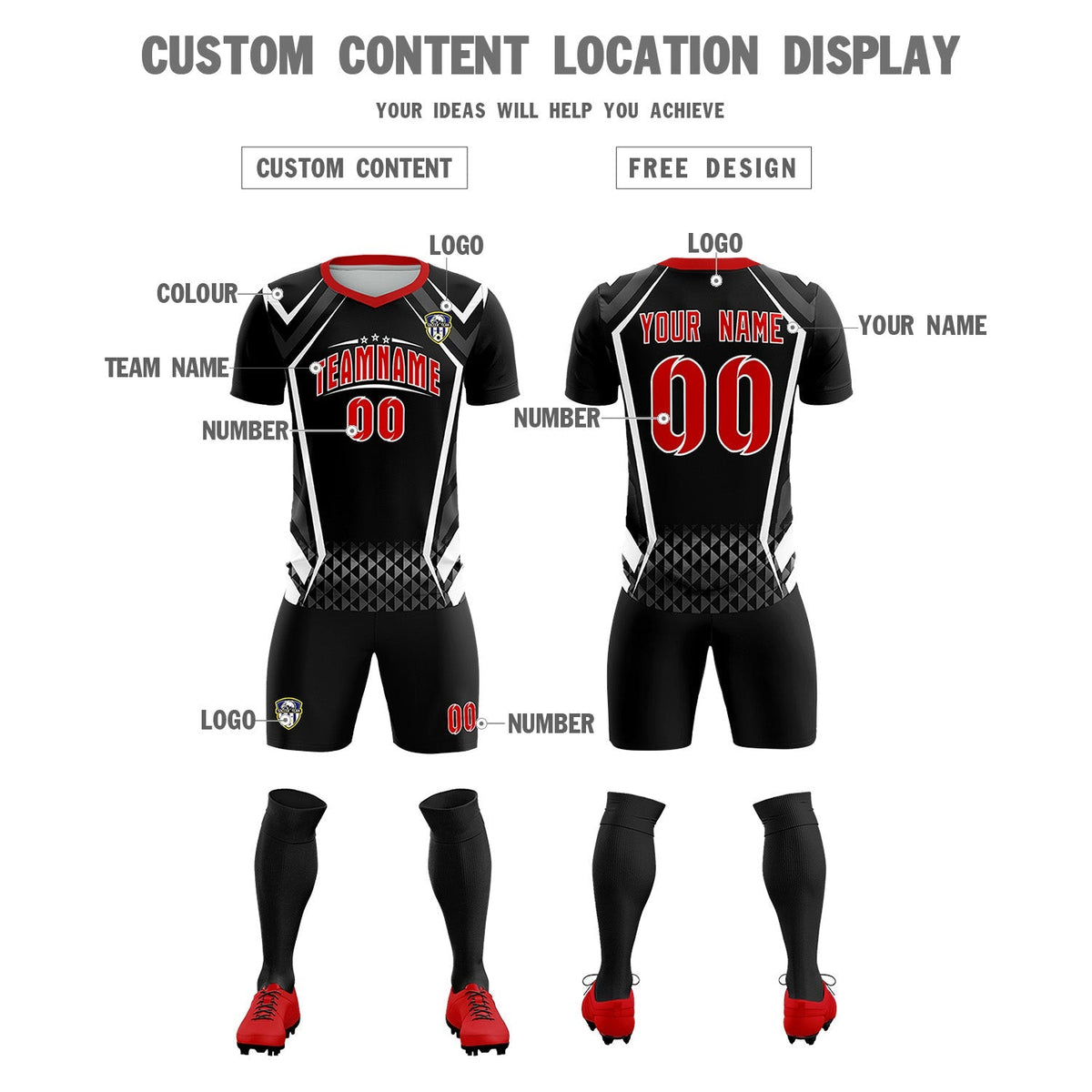 Custom Black Abstract Breathable Soccer Tops/Sets Jersey