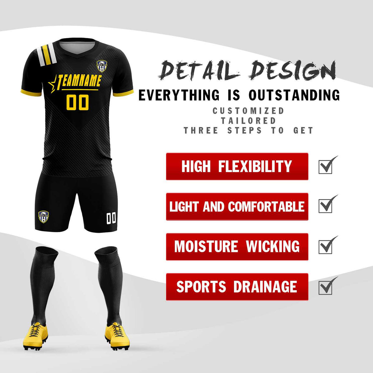Custom Black Striped Sportswear Soccer Tops/Sets Jersey For Adults