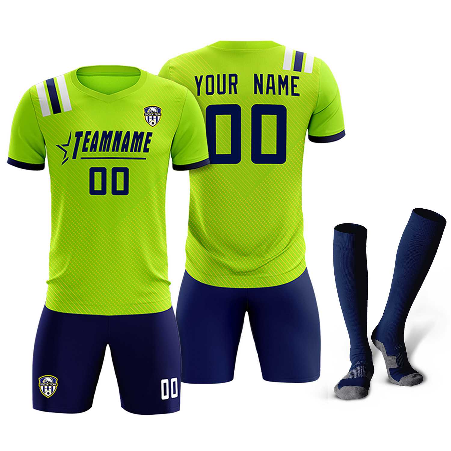 Custom Neon Green Striped Sportswear Soccer Tops/Sets Jersey For Adults