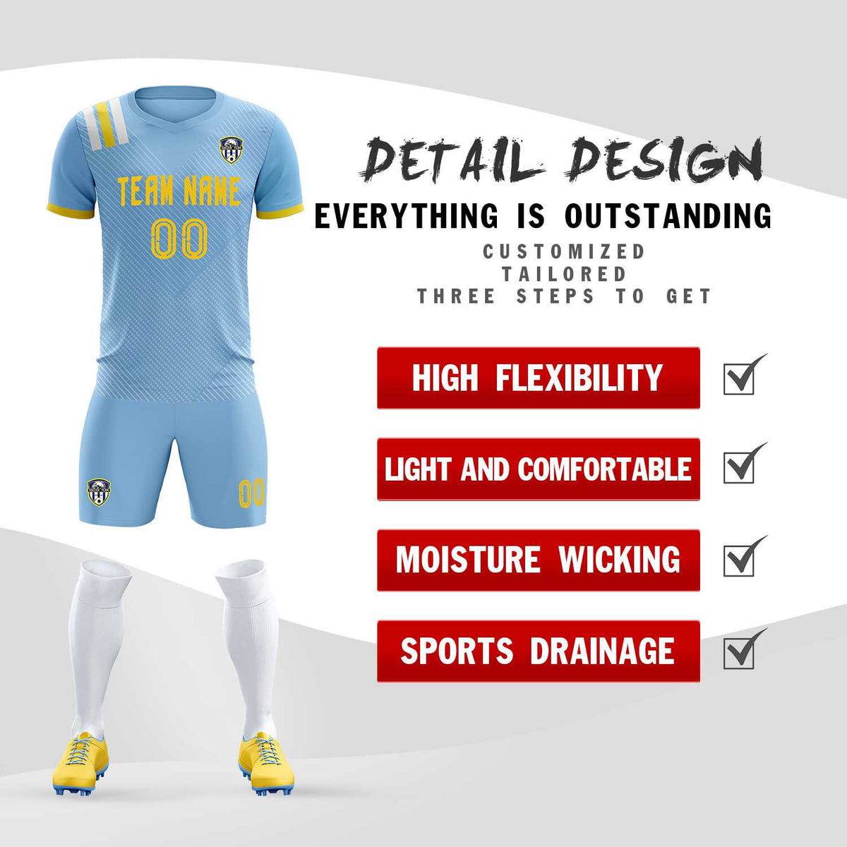 Custom Light Blue Striped Sportswear Soccer Tops/Sets Jersey For Adults