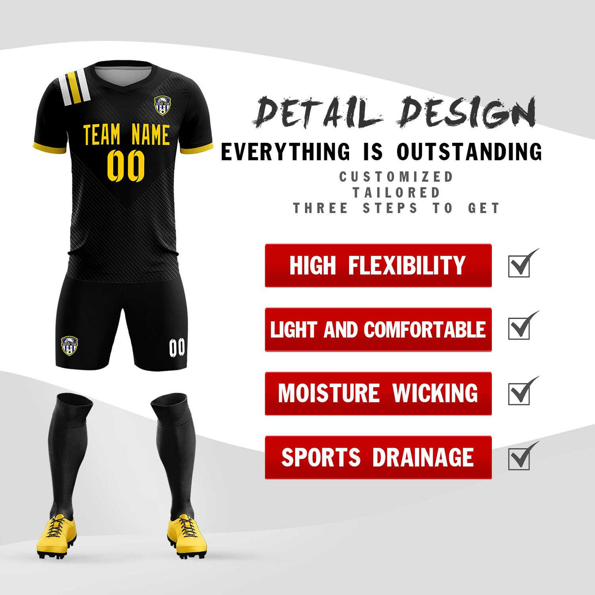 Custom Black Striped Sportswear Soccer Tops/Sets Jersey For Adults