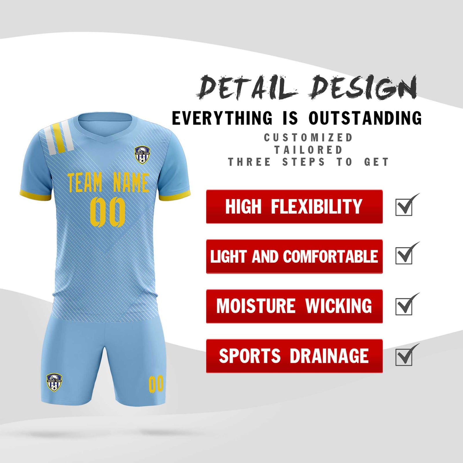Custom Light Blue Striped Sportswear Soccer Tops/Sets Jersey For Adults