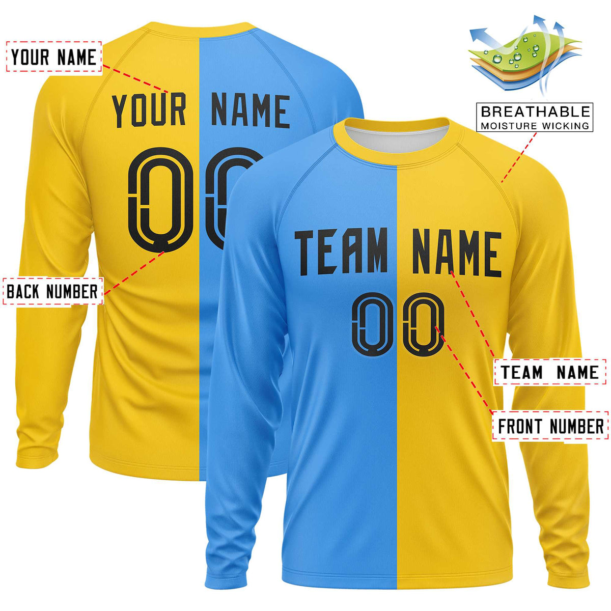 Custom Powder Blue Gold Neck Split Design Long Sleeve Performance T-Shirt