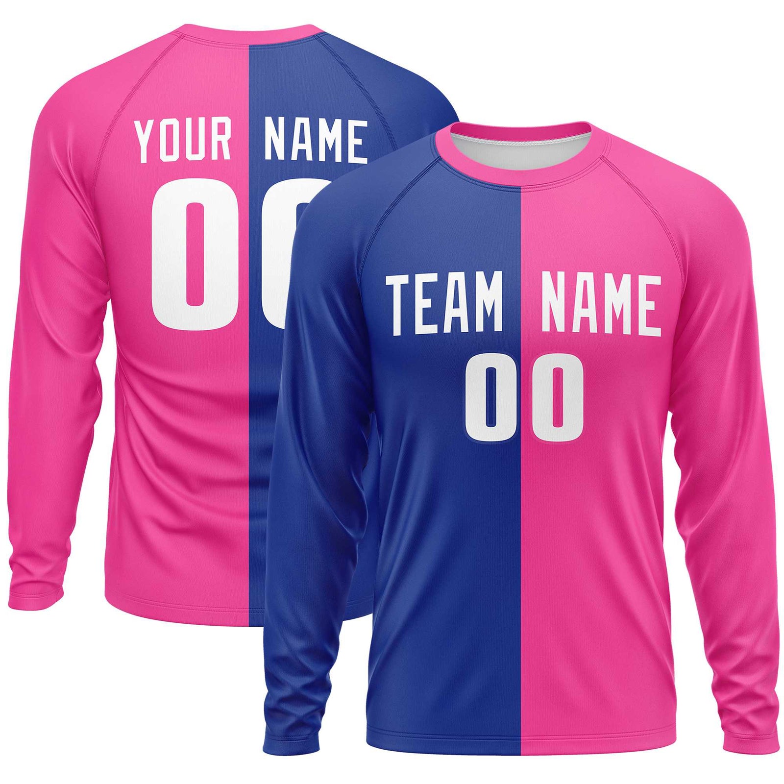 Custom Royal Pink Neck Split Design Long Sleeve Performance T-Shirt