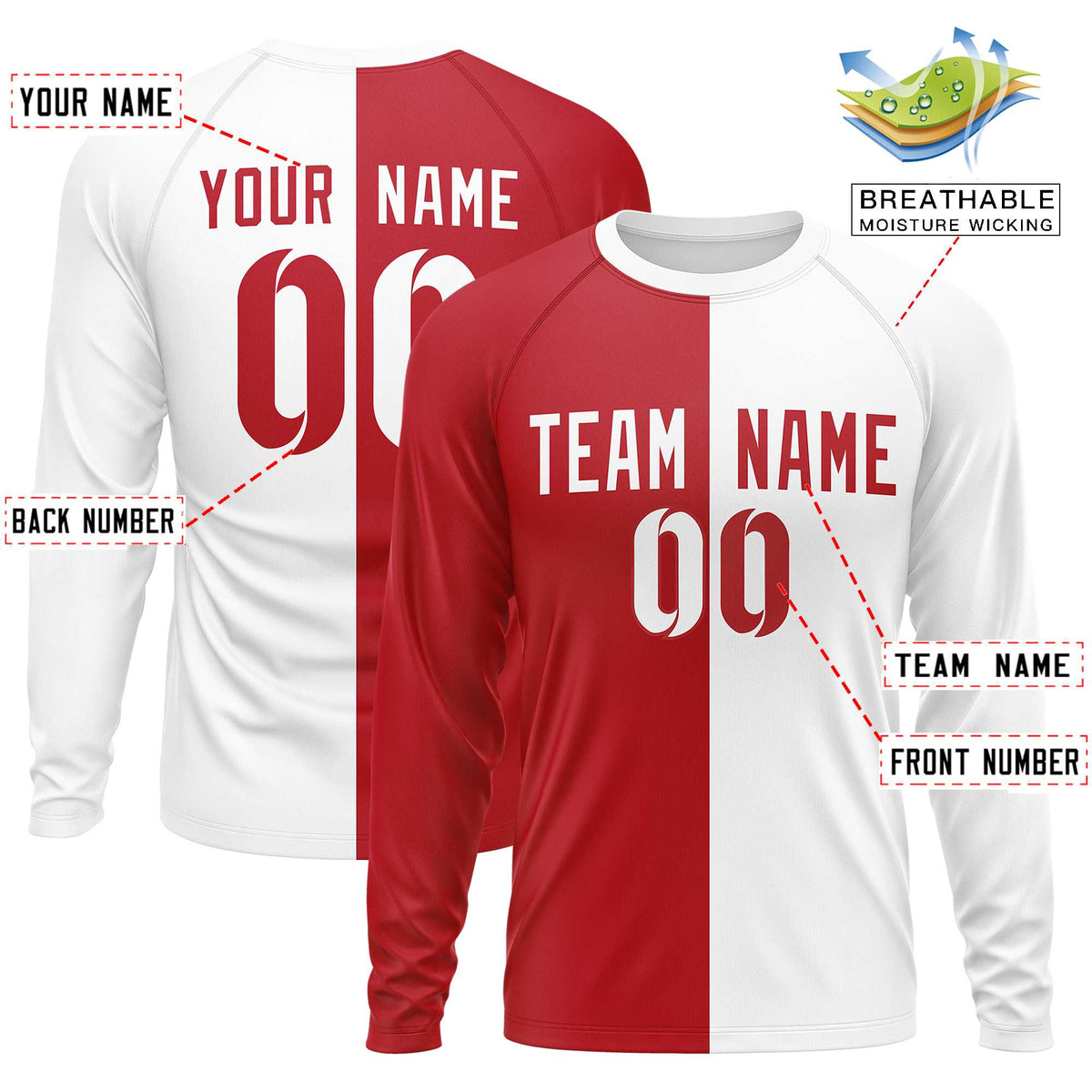 Custom Red White Neck Split Design Long Sleeve Performance T-Shirt