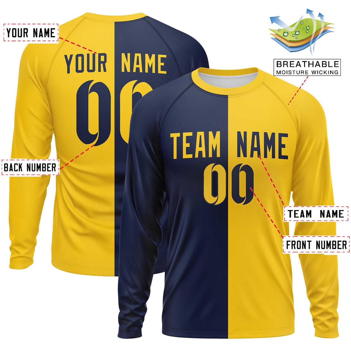 Custom Navy Gold Neck Split Design Long Sleeve Performance T-Shirt