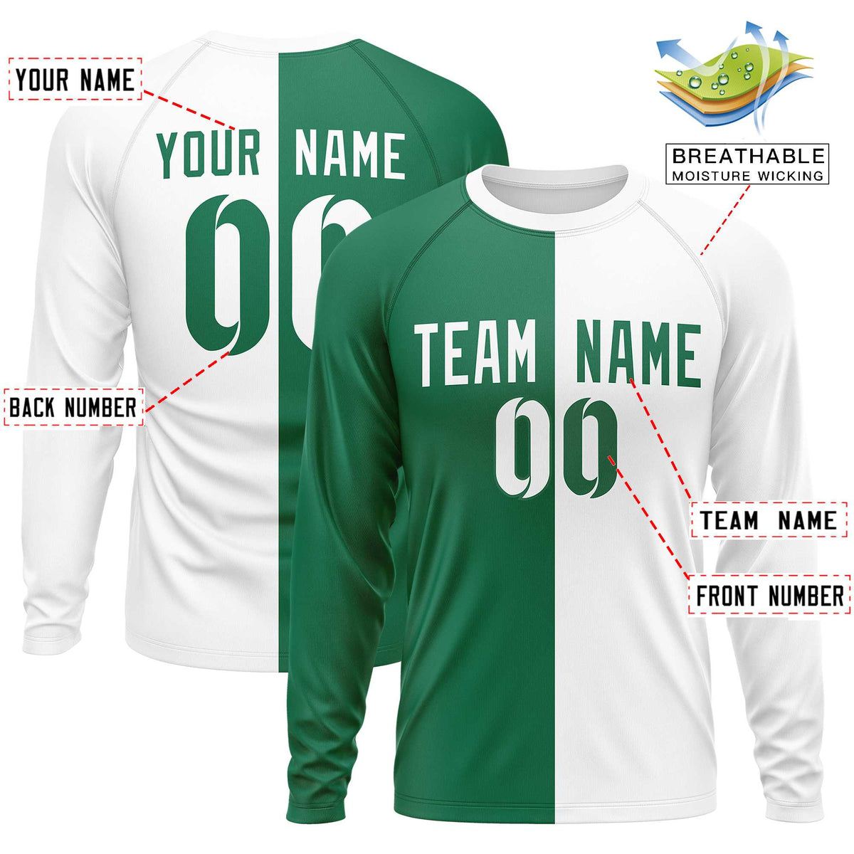 Custom Kelly Green White Neck Split Design Long Sleeve Performance T-Shirt