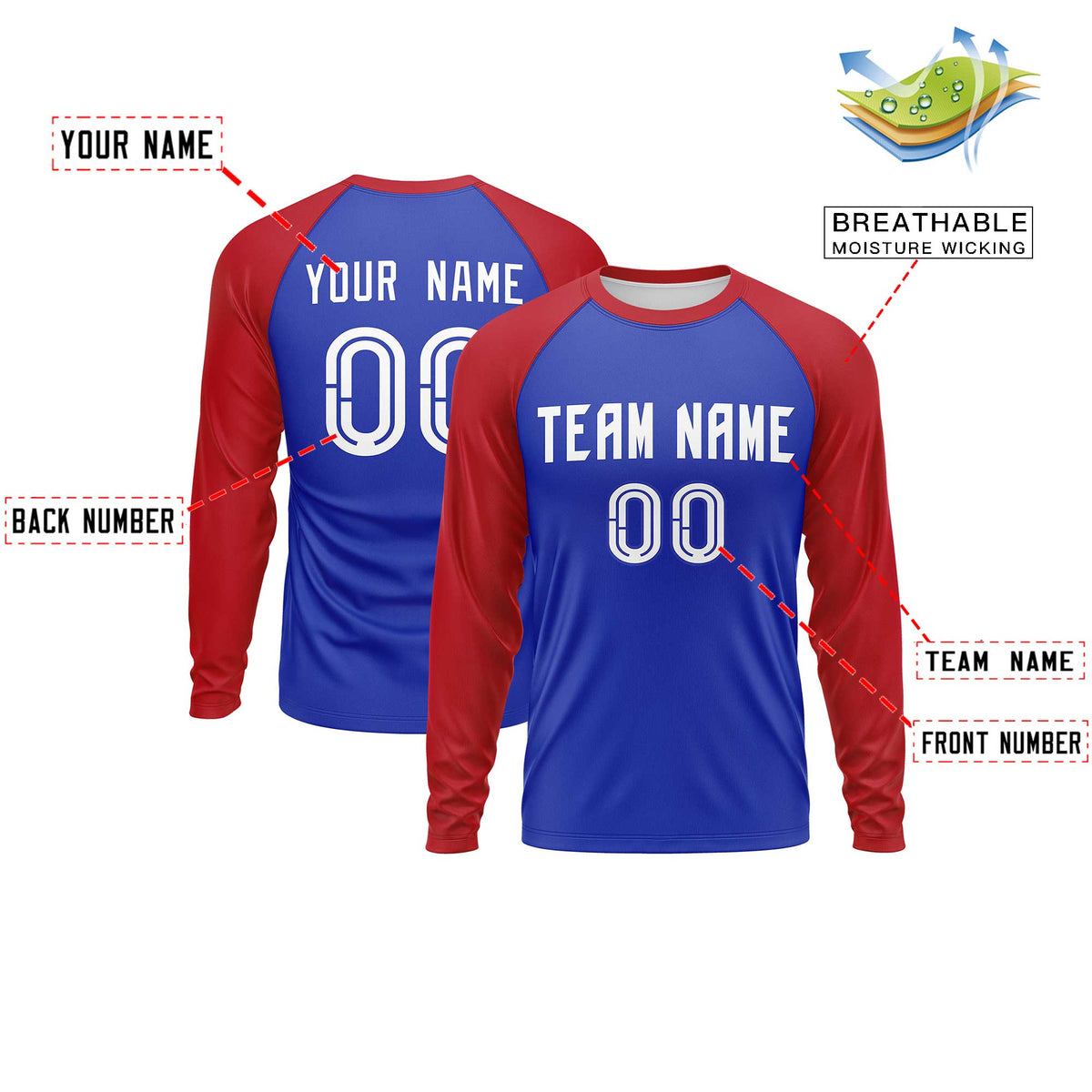 Custom Royal Red Crew Neck Split Design Long Sleeve Performance T-Shirt