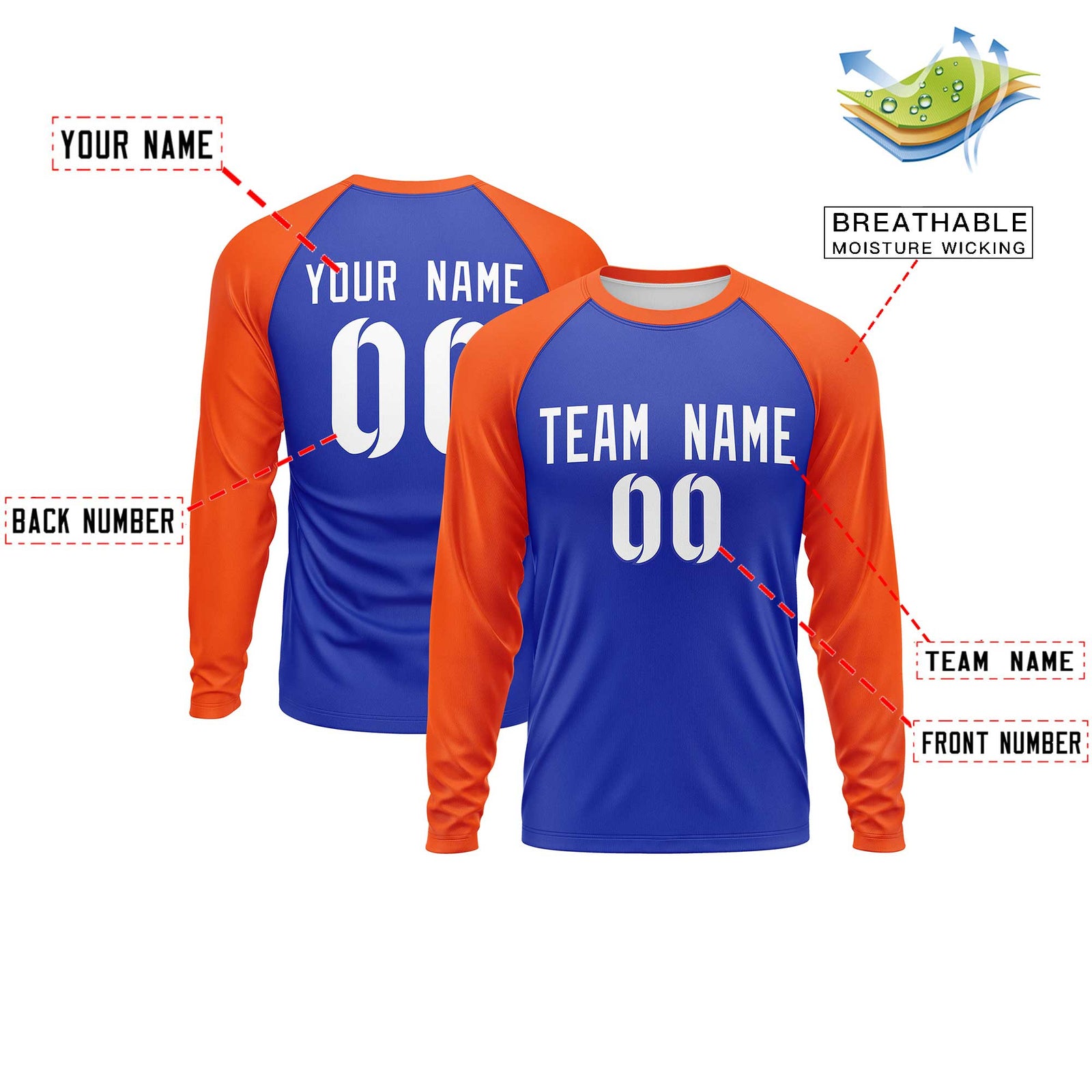 Custom Royal Orange Crew Neck Split Design Long Sleeve Performance T-Shirt