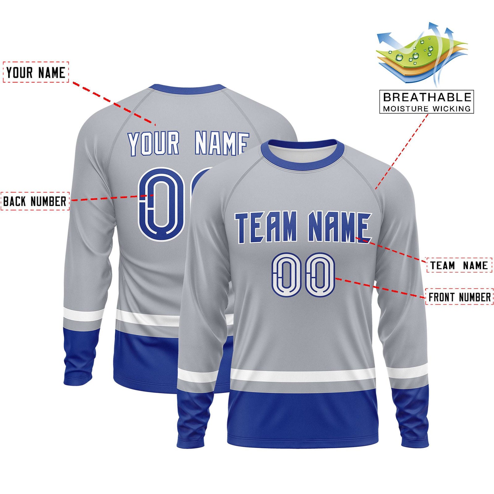 Custom Gray White-Royal Color Block Design Long Sleeve Performance T-Shirt