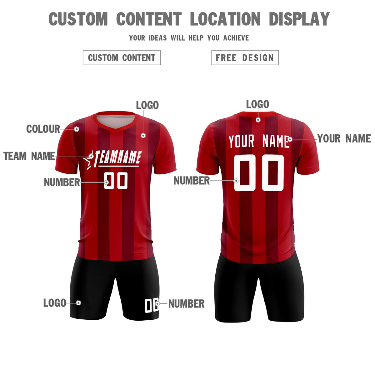 Custom Red Crimson Vertical Stripes Casual Outdoor Soccer Sets Jersey