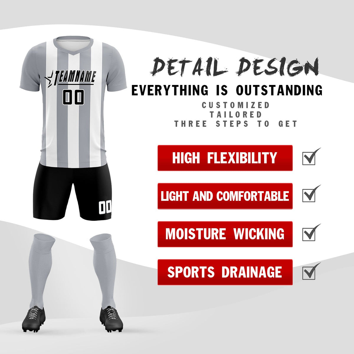 Custom White Gray Vertical Stripes Casual Outdoor Soccer Sets Jersey
