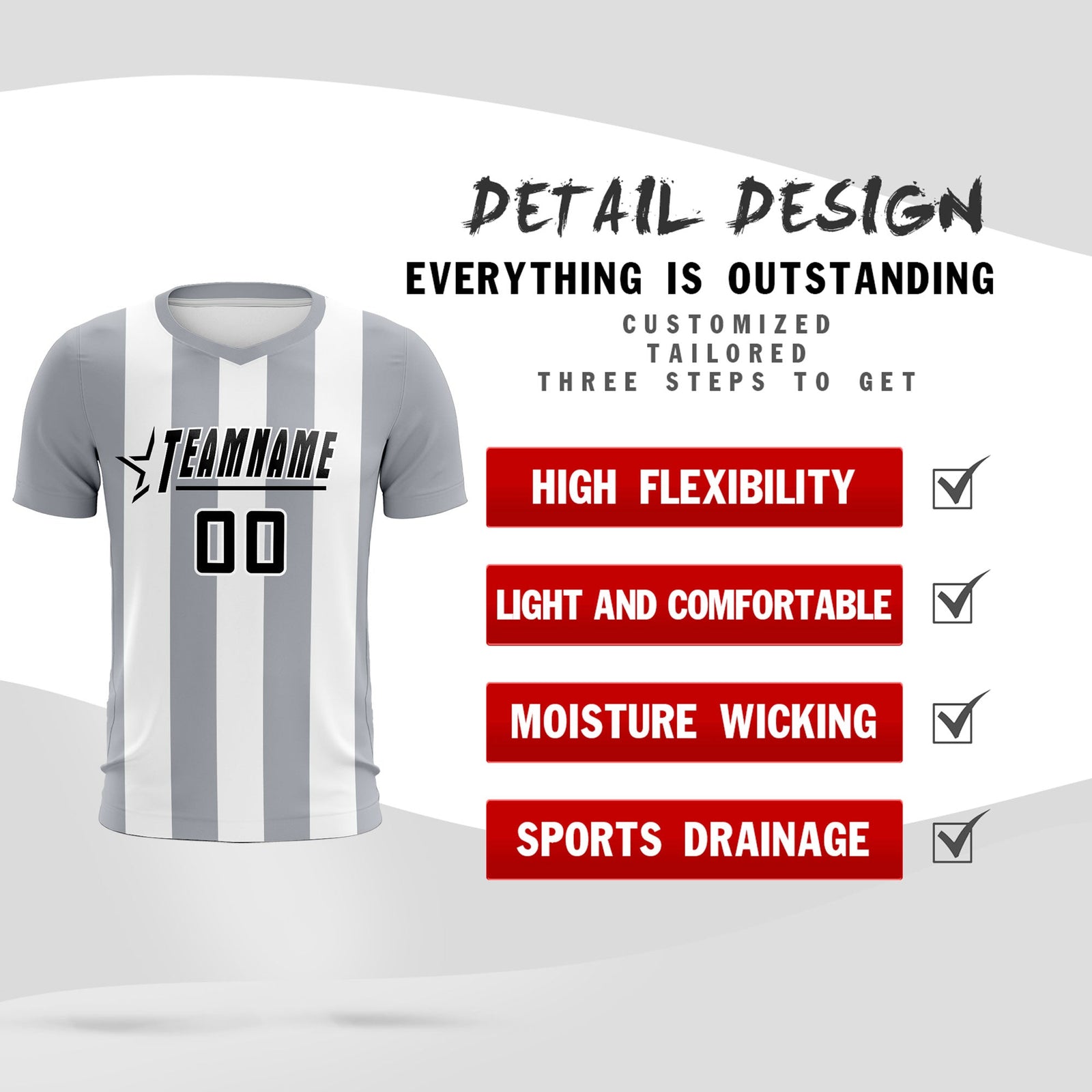 Custom White Gray Vertical Stripes Casual Outdoor Soccer Sets Jersey