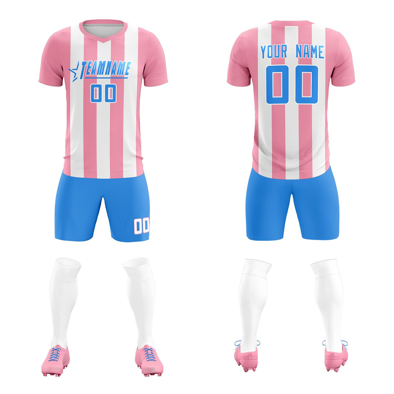 Custom White Light Pink Vertical Stripes Casual Outdoor Soccer Sets Jersey