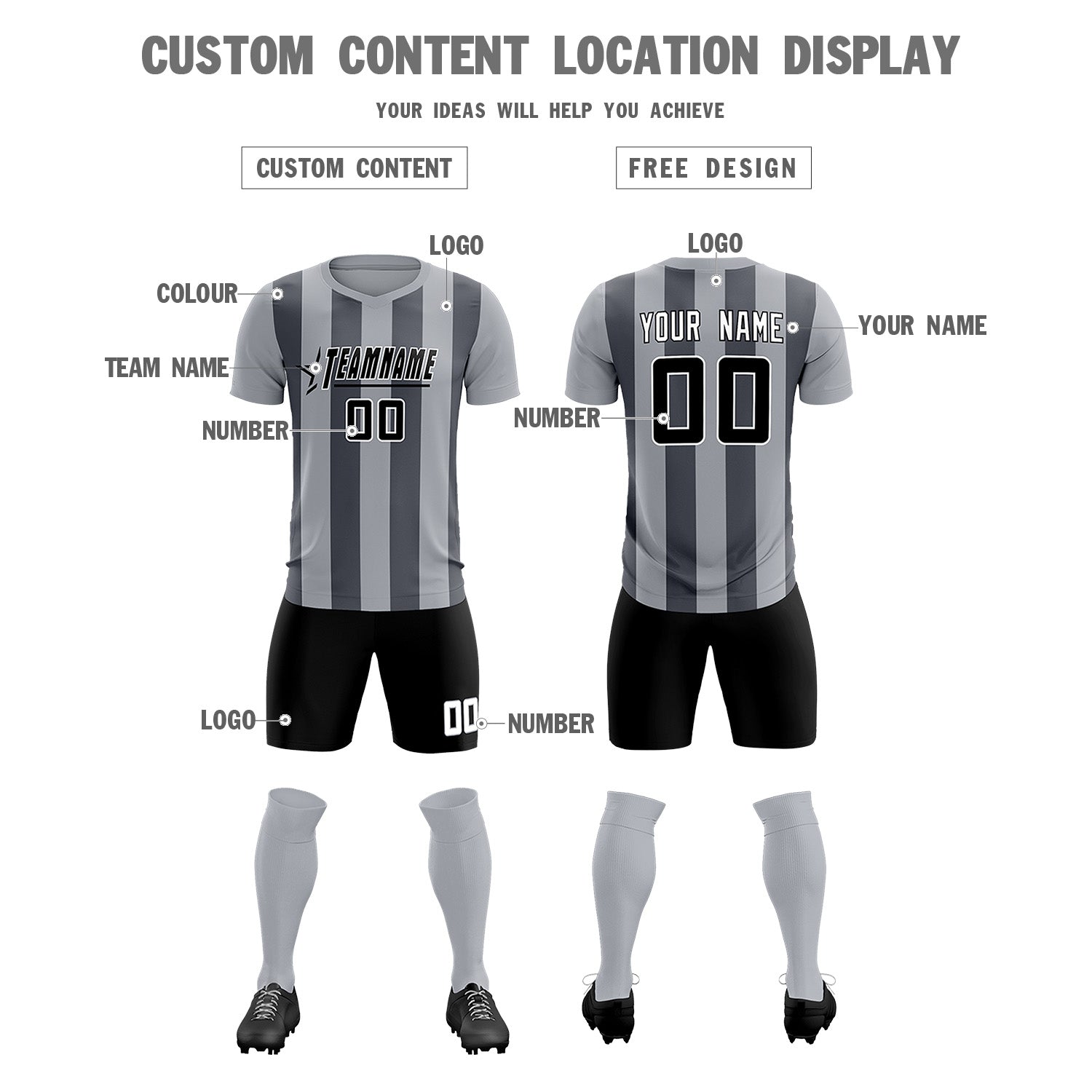 Custom Gray Dark Gray Vertical Stripes Casual Outdoor Soccer Sets Jersey