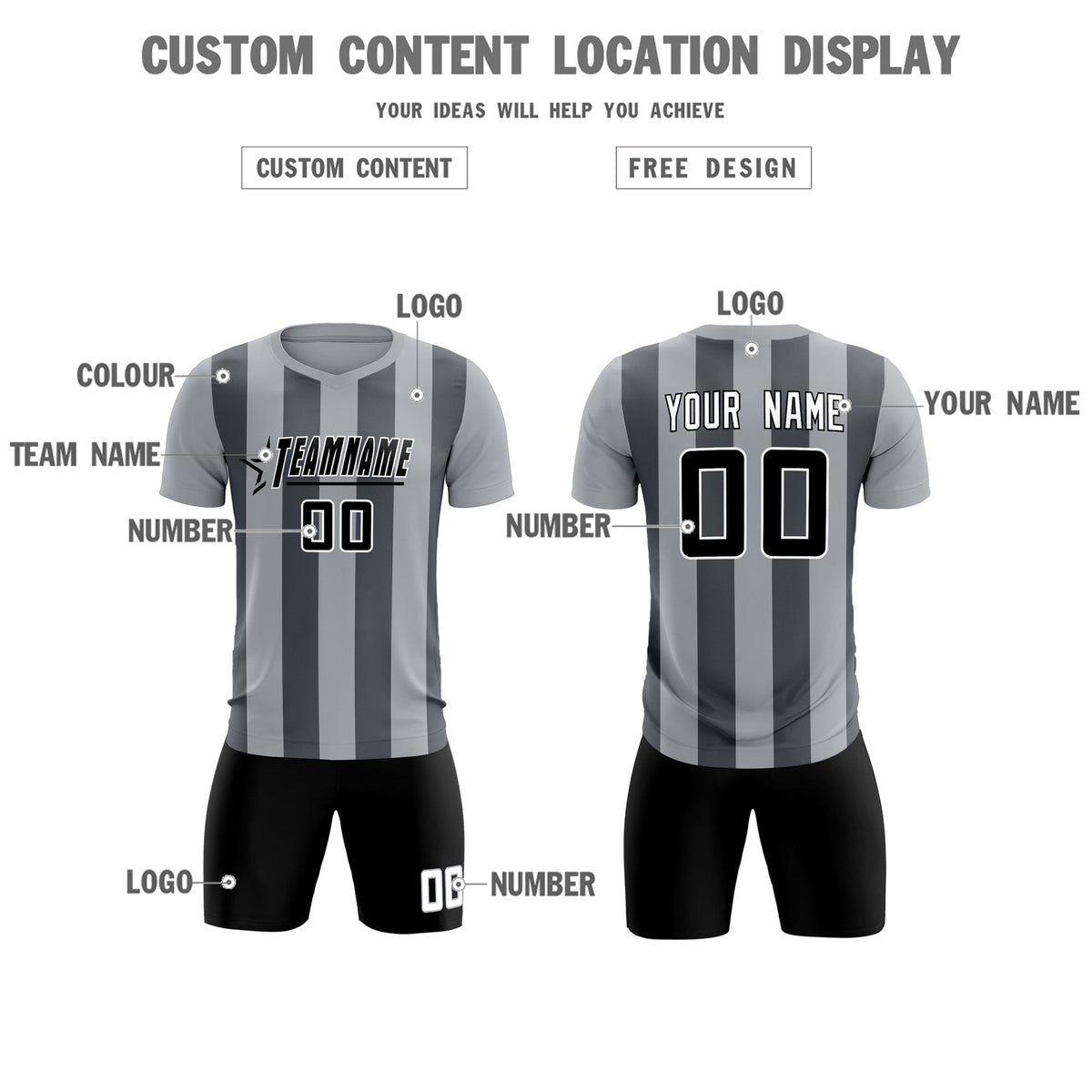 Custom Gray Dark Gray Vertical Stripes Casual Outdoor Soccer Sets Jersey