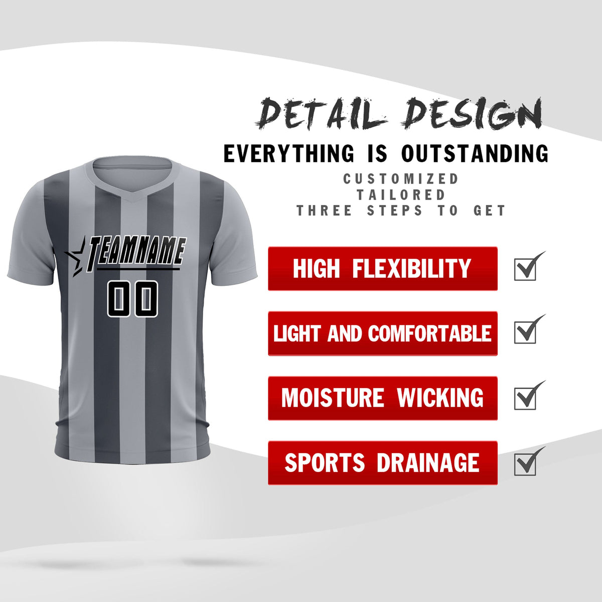 Custom Gray Dark Gray Vertical Stripes Casual Outdoor Soccer Sets Jersey