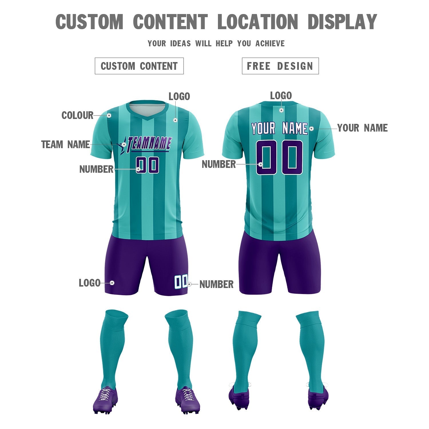 Custom Bright Green Aqua Vertical Stripes Casual Outdoor Soccer Sets Jersey