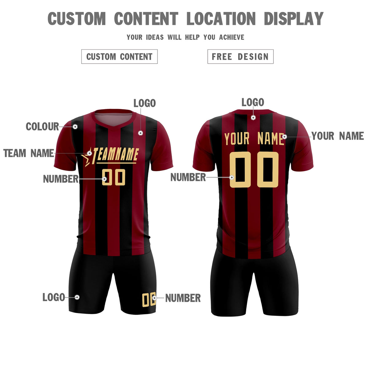 Custom Crimson Black Vertical Stripes Casual Outdoor Soccer Sets Jersey