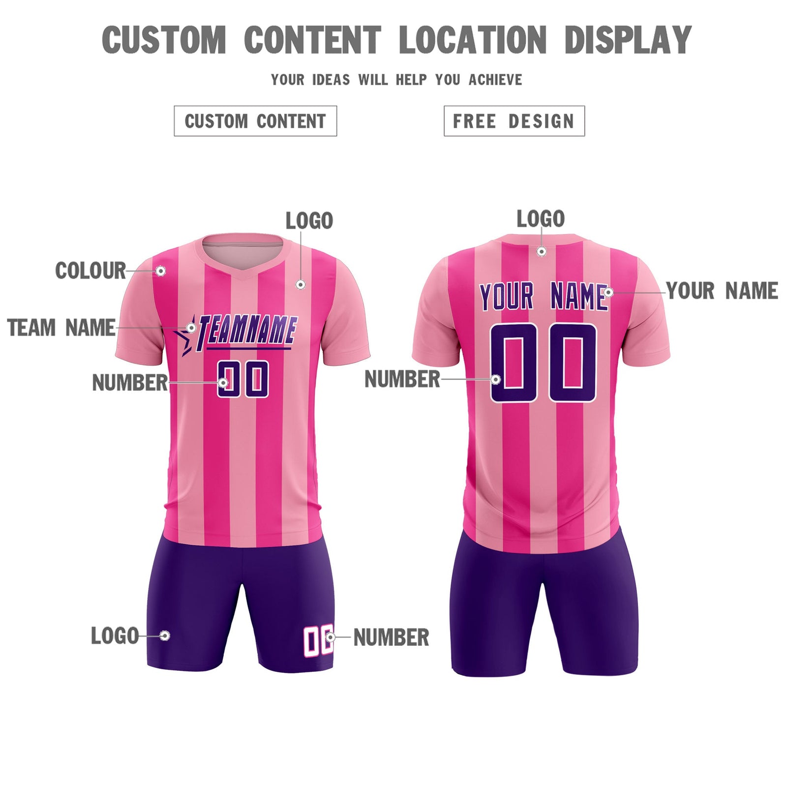 Custom Light Pink Pink Vertical Stripes Casual Outdoor Soccer Sets Jersey