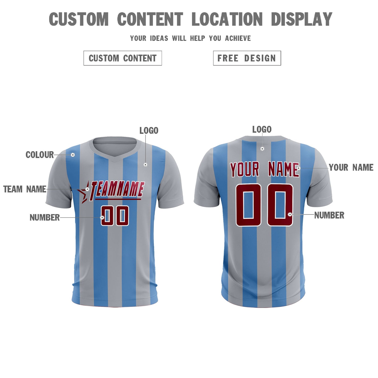 Custom Gray Light Blue Vertical Stripes Casual Outdoor Soccer Sets Jersey