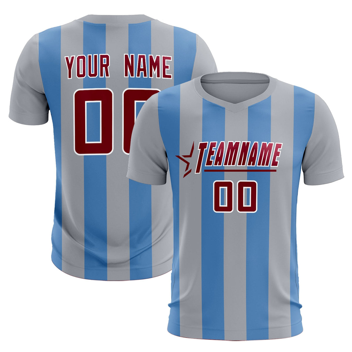 Custom Gray Light Blue Vertical Stripes Casual Outdoor Soccer Sets Jersey