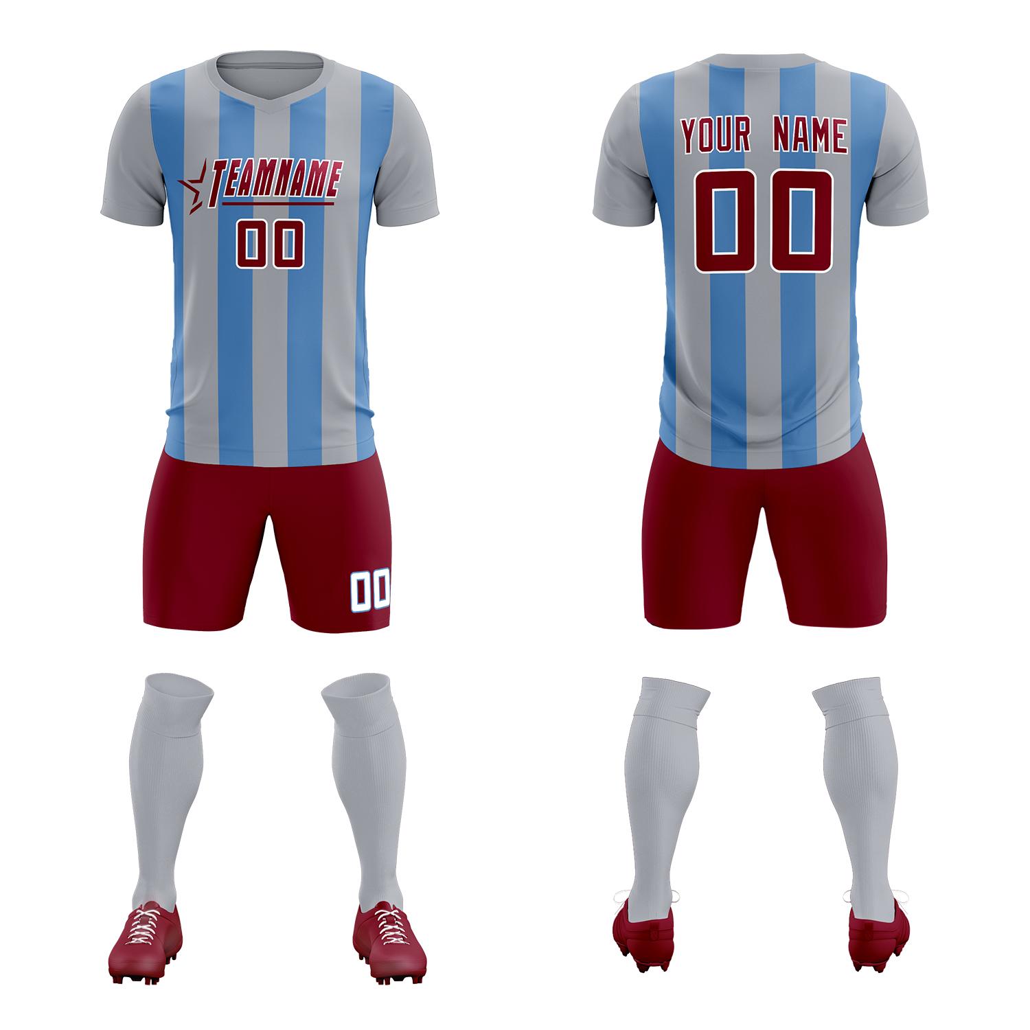 Custom Gray Light Blue Vertical Stripes Casual Outdoor Soccer Sets Jersey